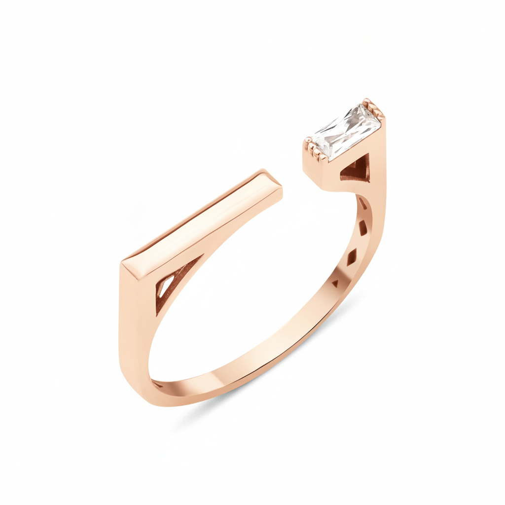rose gold open ring with polished bar and baguette stone on white background