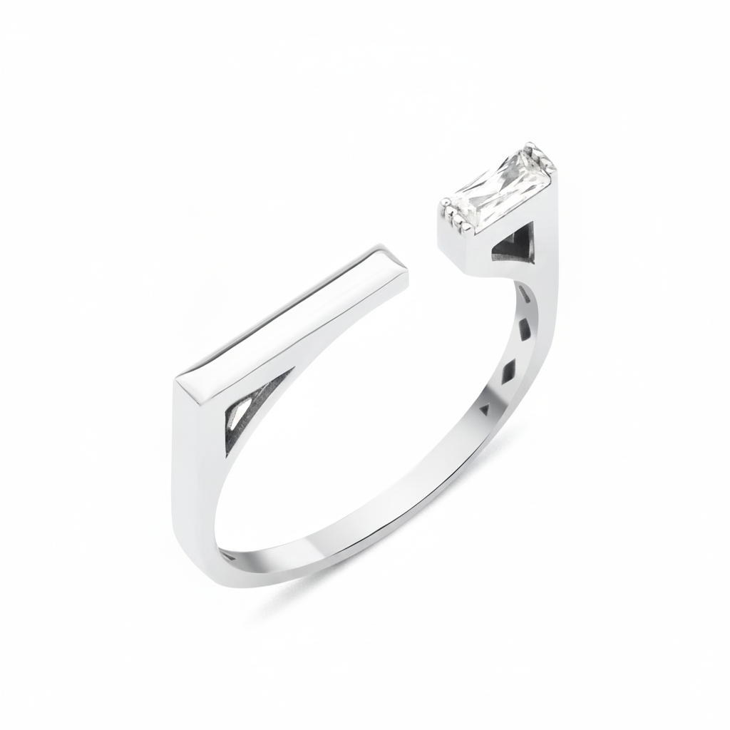 white gold open ring with polished bar and baguette stone on white background