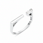 white gold open ring with polished bar and baguette stone on white background