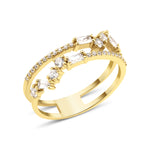 yellow gold double-band ring with baguette and round stones on white background