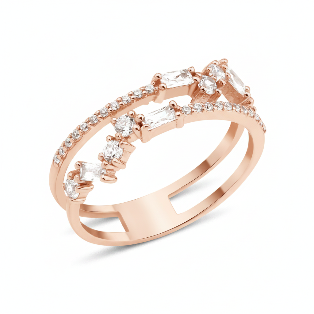 rose gold double-band ring with baguette and round stones on white background