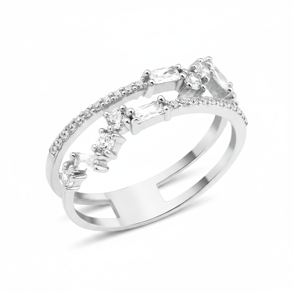white gold double-band ring with baguette and round stones on white background