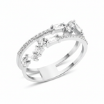 white gold double-band ring with baguette and round stones on white background