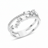 white gold double-band ring with baguette and round stones on white background