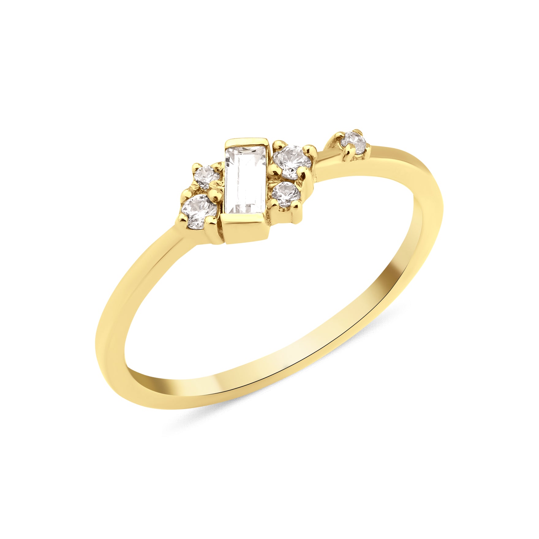 yellow gold ring with baguette stone and round accent cluster on white background