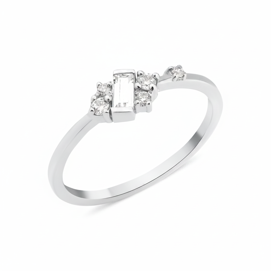 white gold ring with baguette stone and round accent cluster on white background