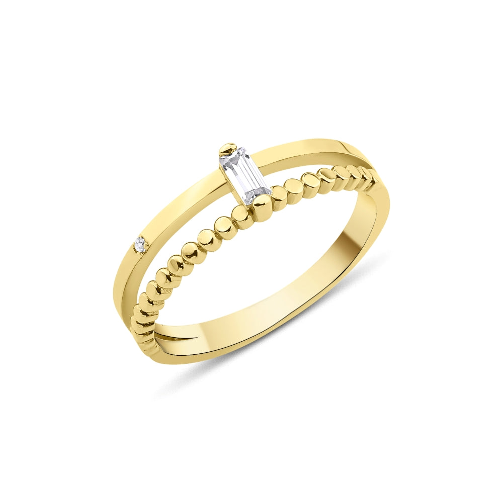 yellow gold dual-band ring with baguette and round accent stones on white background