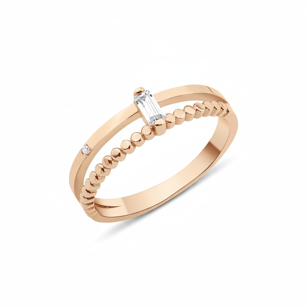 rose gold dual-band ring with baguette and round accent stones on white background