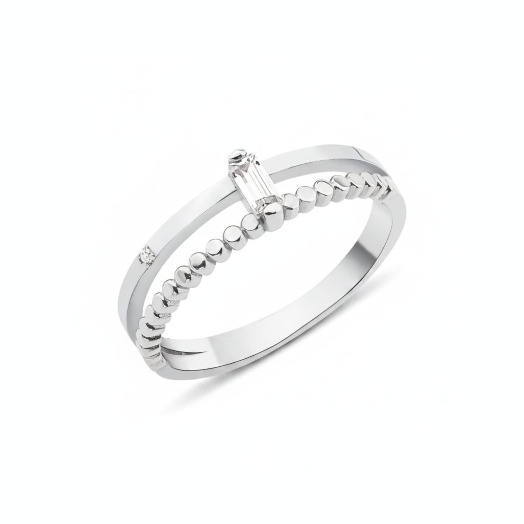 white gold dual-band ring with baguette and round accent stones on white background