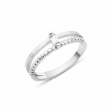 white gold dual-band ring with baguette and round accent stones on white background
