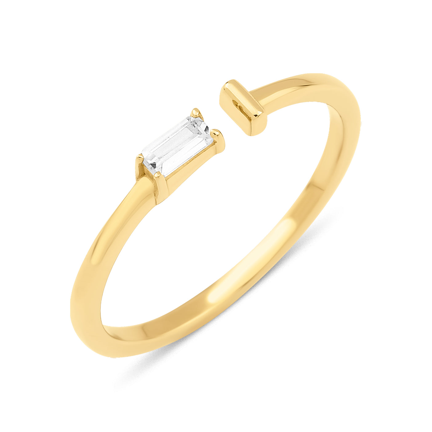 yellow gold open ring with baguette stone and smooth bar on white background