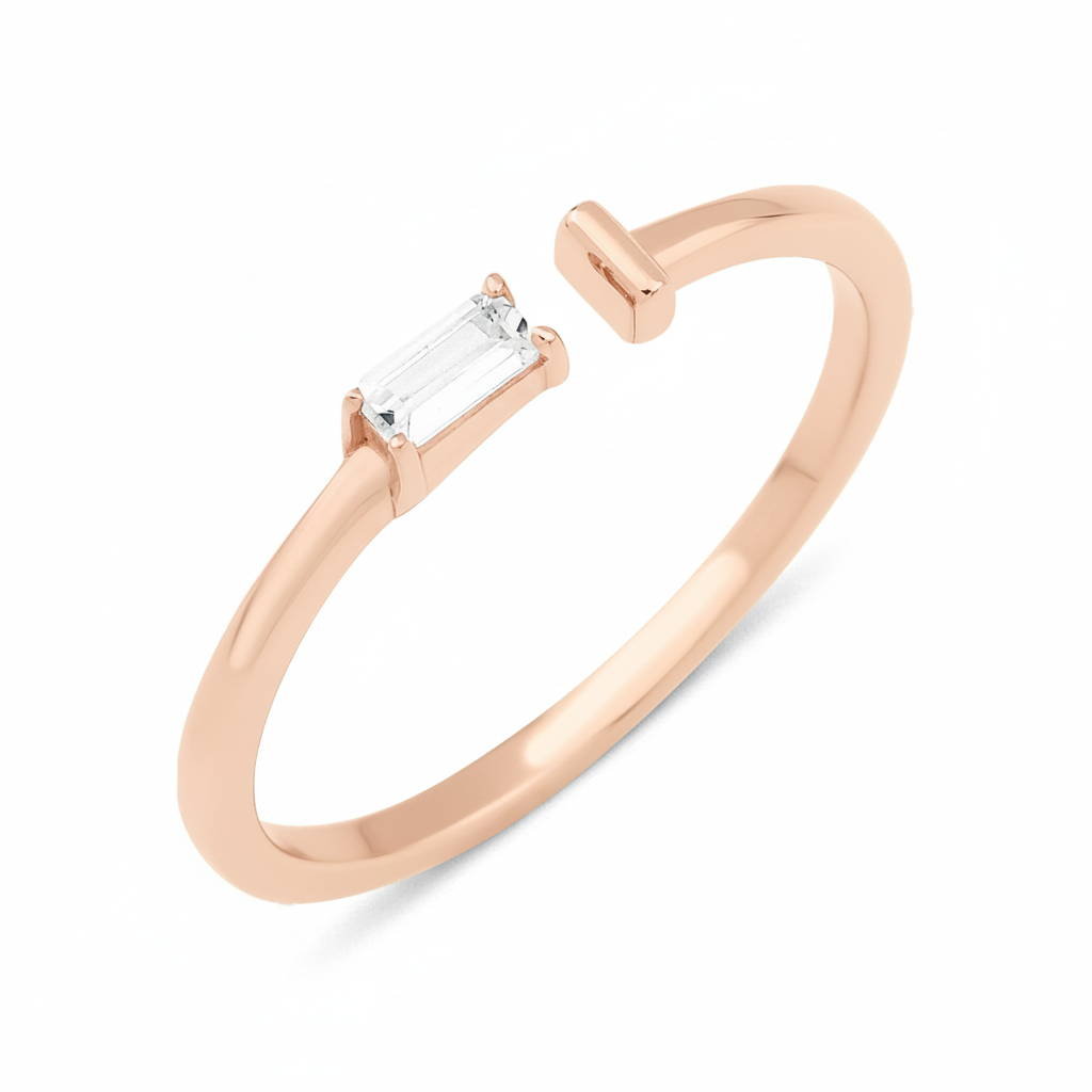 rose gold open ring with baguette stone and smooth bar on white background
