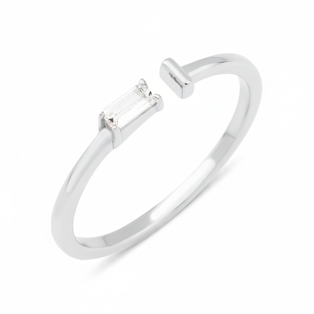 white gold open ring with baguette stone and smooth bar on white background