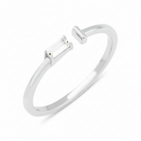 white gold open ring with baguette stone and smooth bar on white background