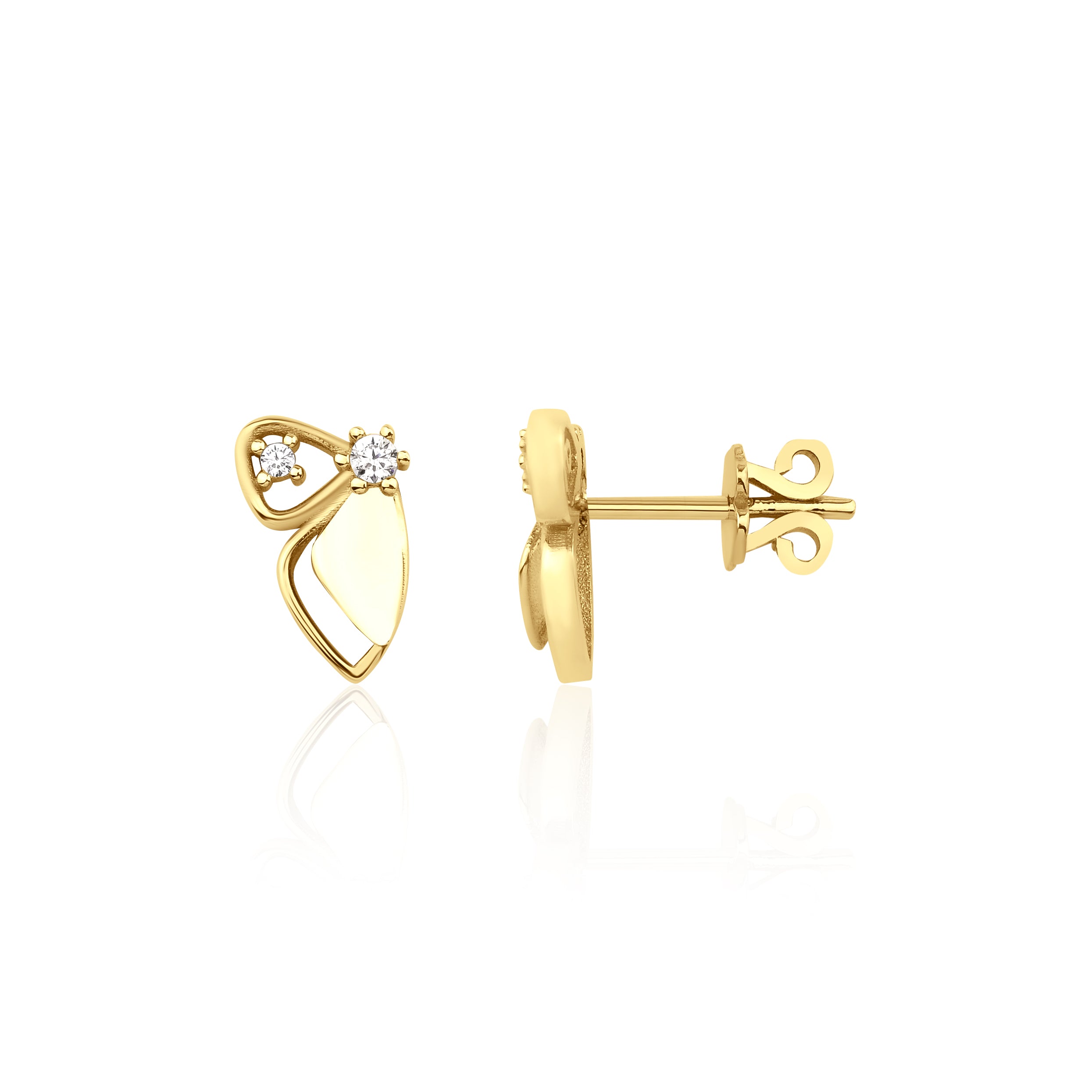 yellow gold wing stud earrings on white background