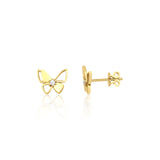 yellow gold butterfly stud earrings on white background