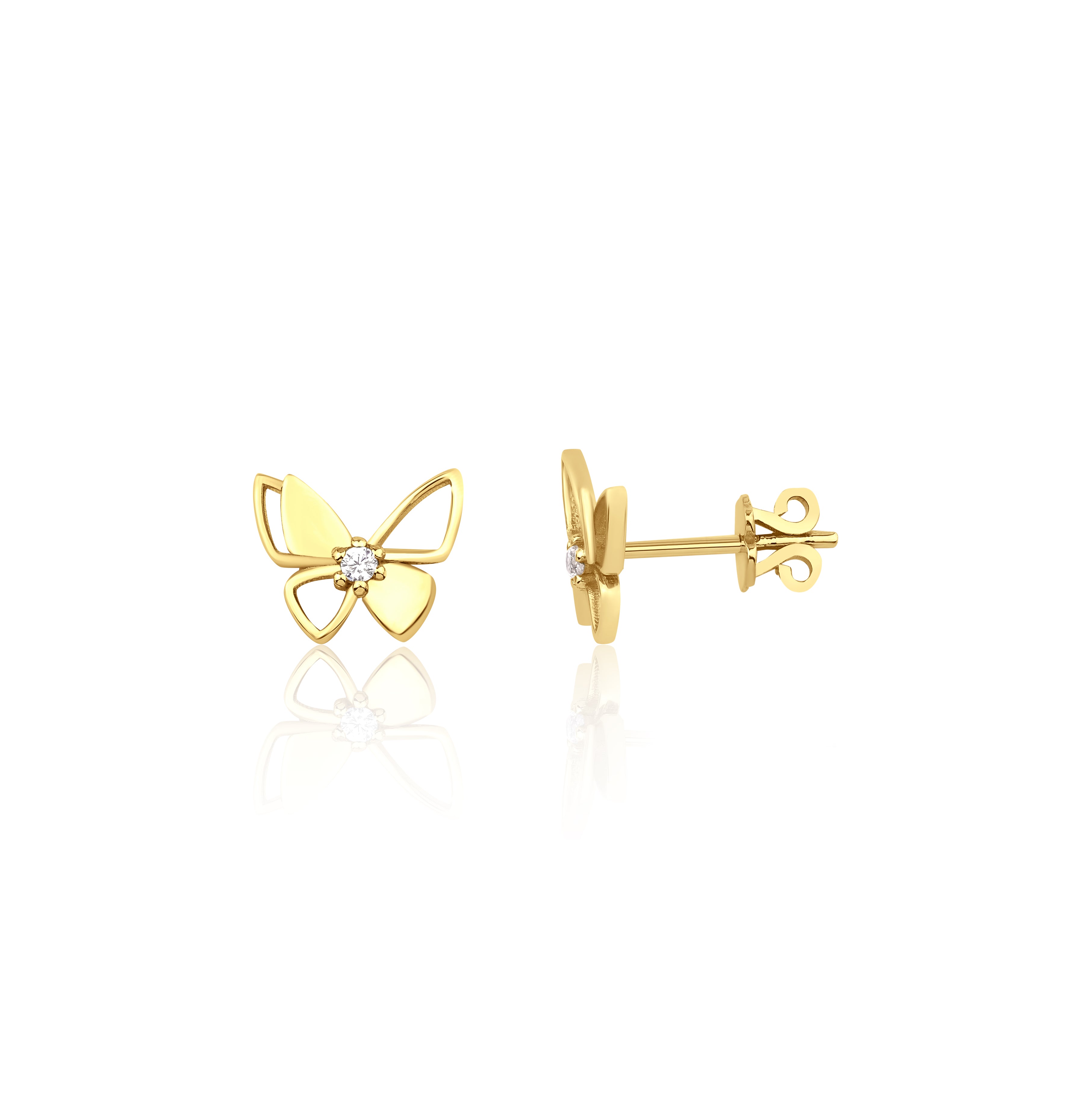 yellow gold butterfly stud earrings on white background