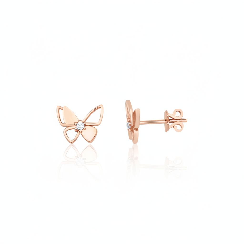 rose gold butterfly stud earrings on white background