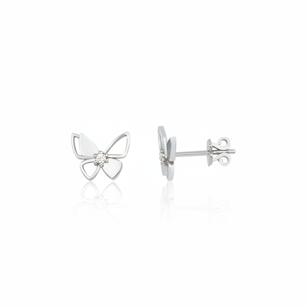 white gold butterfly stud earrings on white background