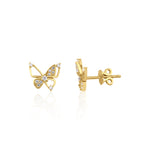 yellow gold butterfly stud earrings with pave clusters on white background