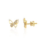 yellow gold butterfly stud earrings with pave clusters on white background