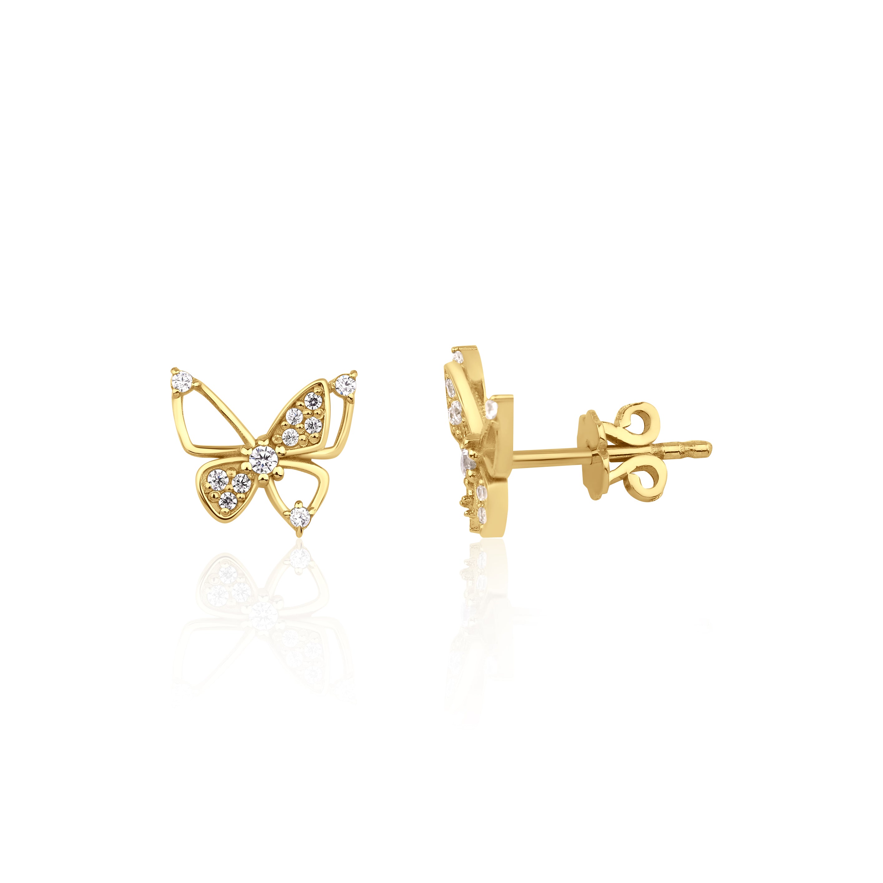 yellow gold butterfly stud earrings with pave clusters on white background