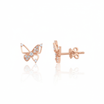 rose gold butterfly stud earrings with pave clusters on white background
