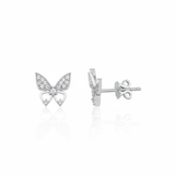white gold butterfly stud earrings with pave clusters on white background