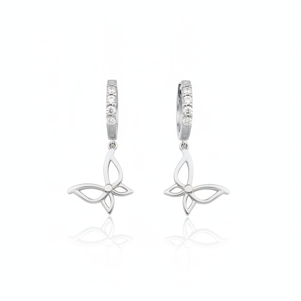 white gold hoop earrings with butterfly charms on white background
