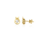 yellow gold circle stud earrings with butterfly and center stone on white background