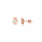 rose gold circle stud earrings with butterfly and center stone on white background