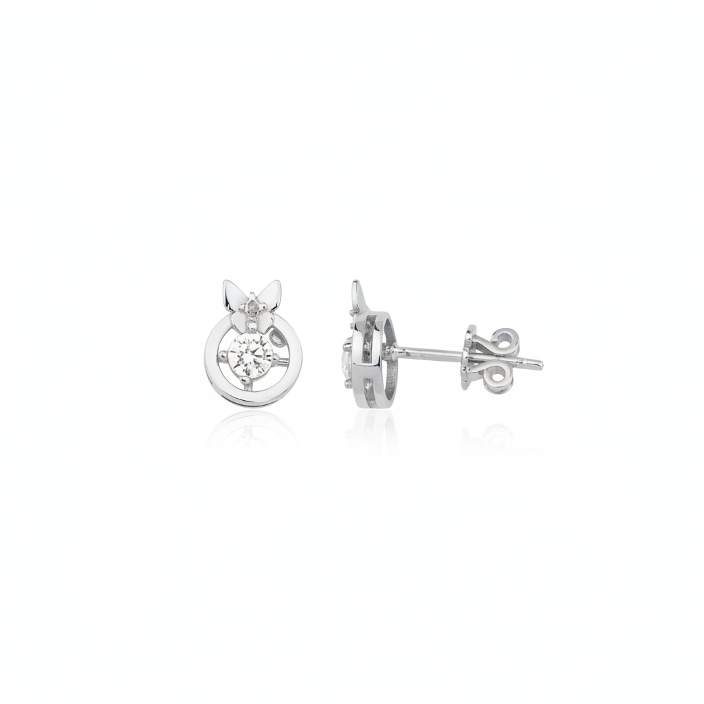 white gold circle stud earrings with butterfly and center stone on white background