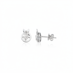 white gold circle stud earrings with butterfly and center stone on white background
