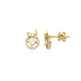yellow gold ribbon halo stud earrings on white background