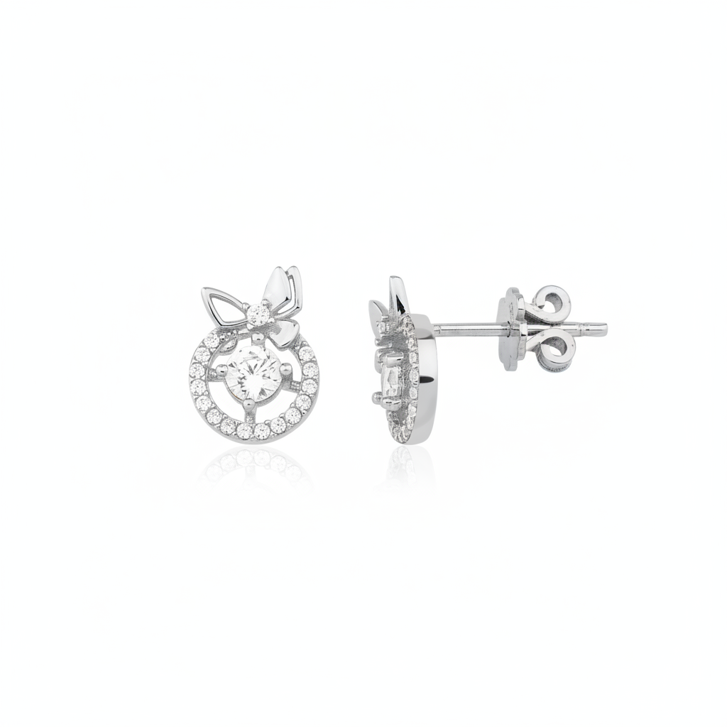 white gold ribbon halo stud earrings on white background