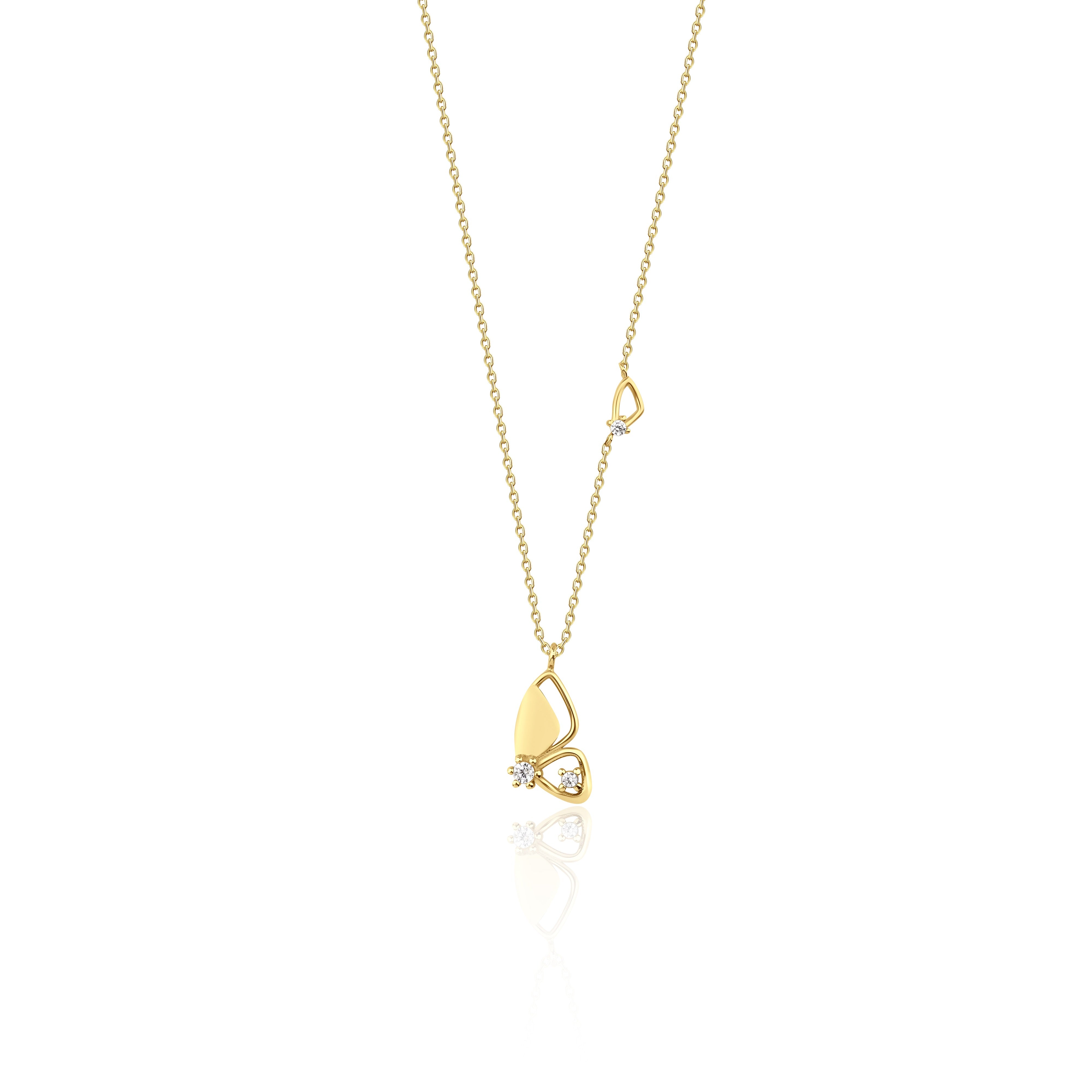 yellow gold butterfly wing pendant necklace on white background