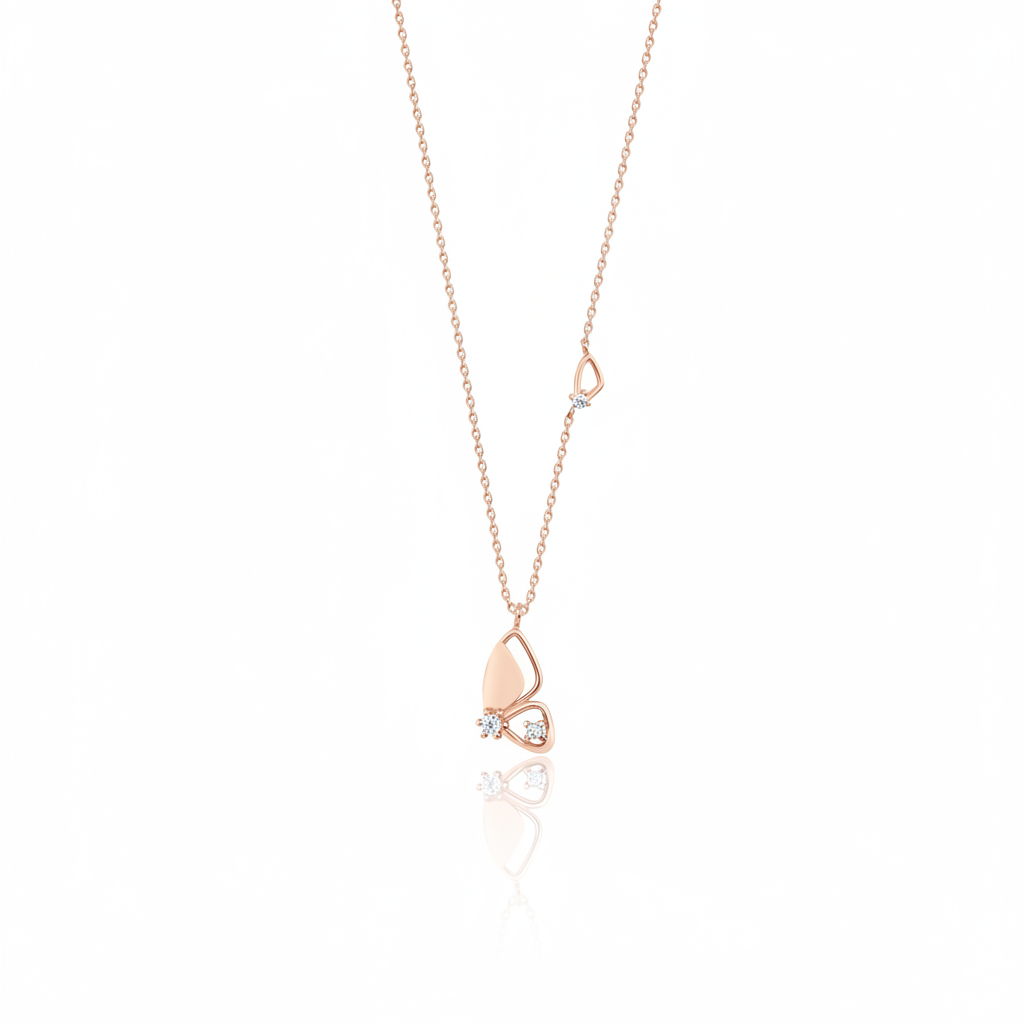 rose gold butterfly wing pendant necklace on white background