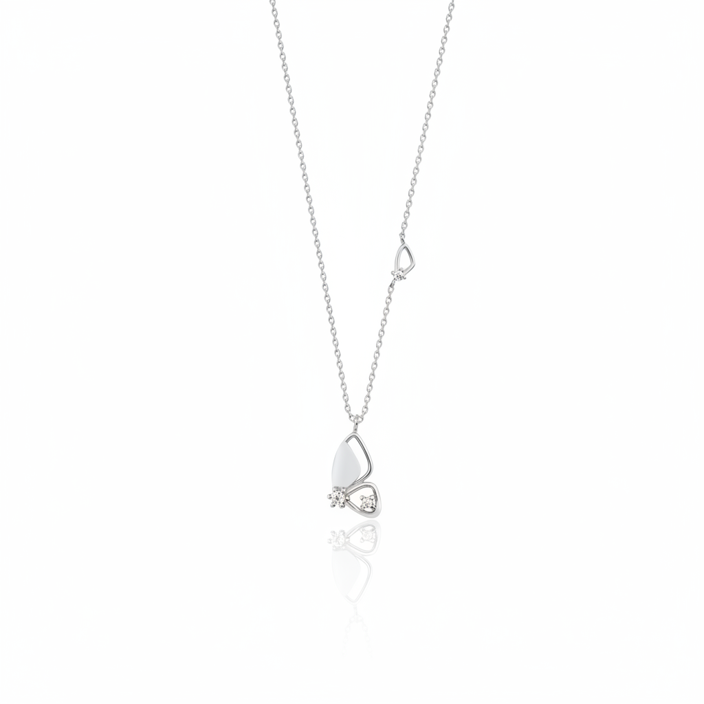 white gold butterfly wing pendant necklace on white background
