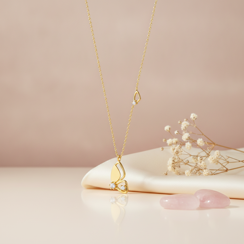 gold butterfly wing pendant necklace with clear stones displayed on cream fabric with rose quartz stones and dried flowers