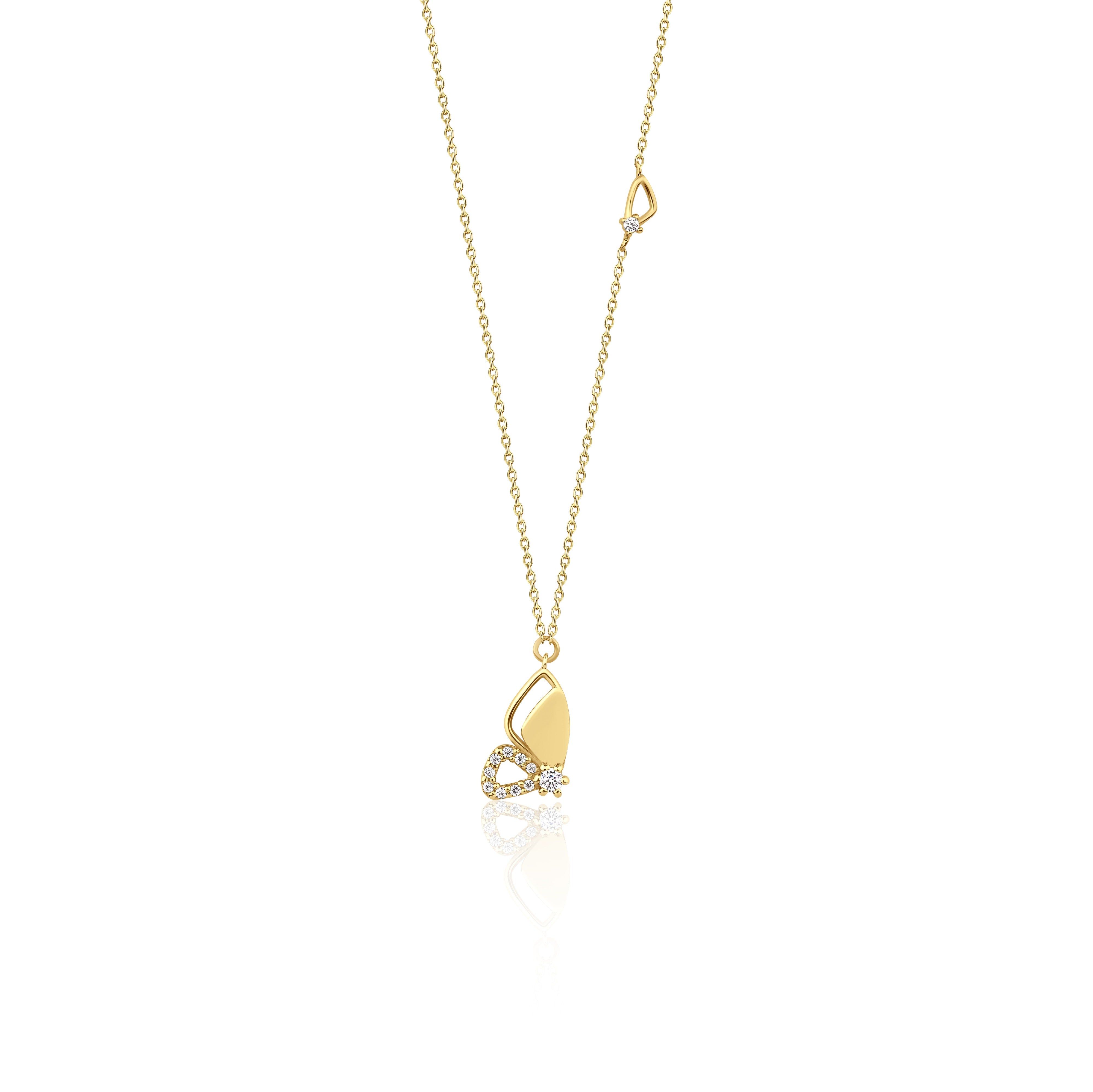 yellow gold asymmetrical butterfly pendant necklace on white background