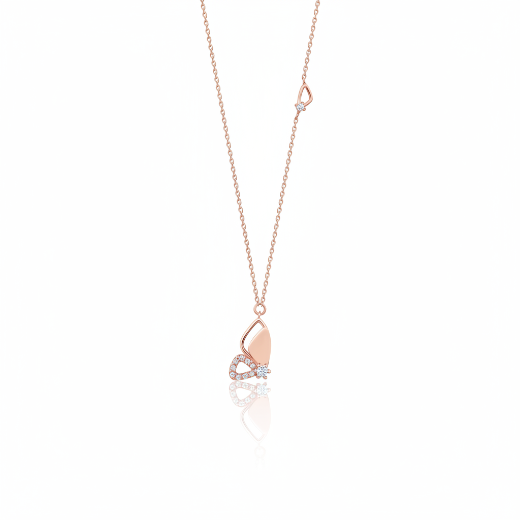 rose gold asymmetrical butterfly pendant necklace on white background
