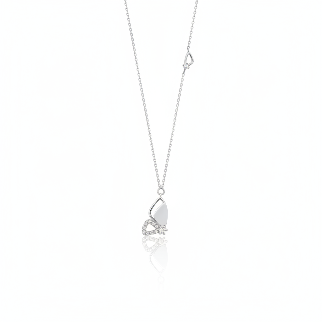white gold asymmetrical butterfly pendant necklace on white background