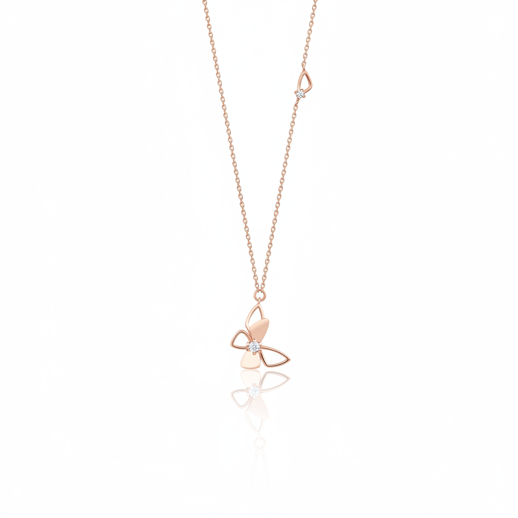 rose gold stylized butterfly pendant necklace on white background
