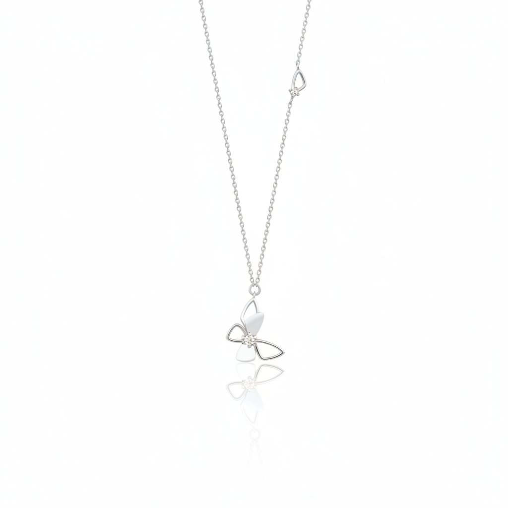 white gold stylized butterfly pendant necklace on white background