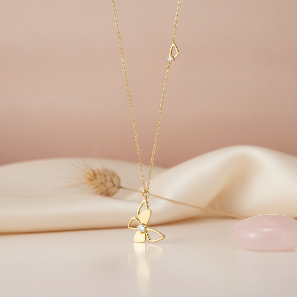 gold stylized butterfly pendant necklace with clear center stone on pink satin with dried wheat and rose quartz