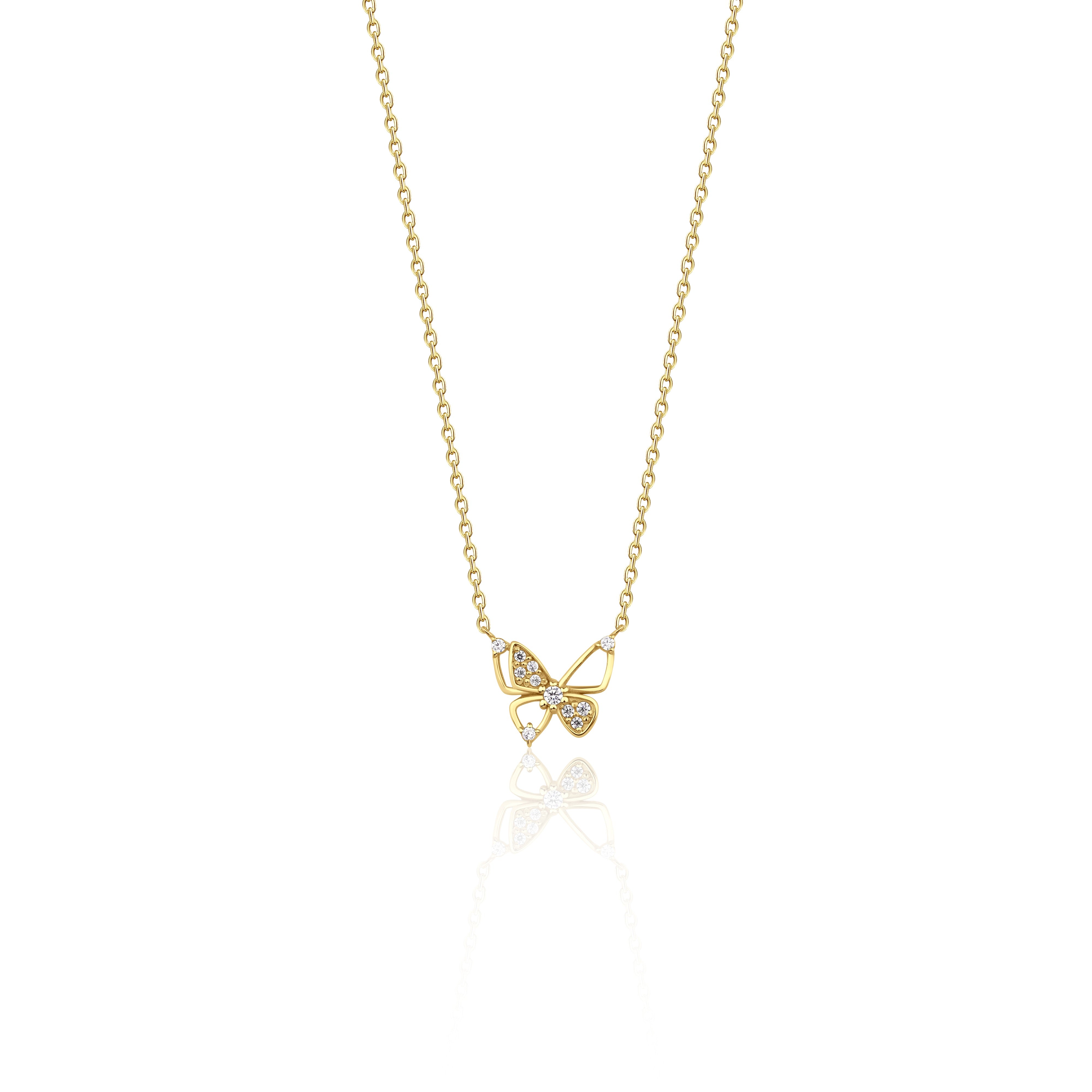 yellow gold openwork butterfly pendant necklace on white background