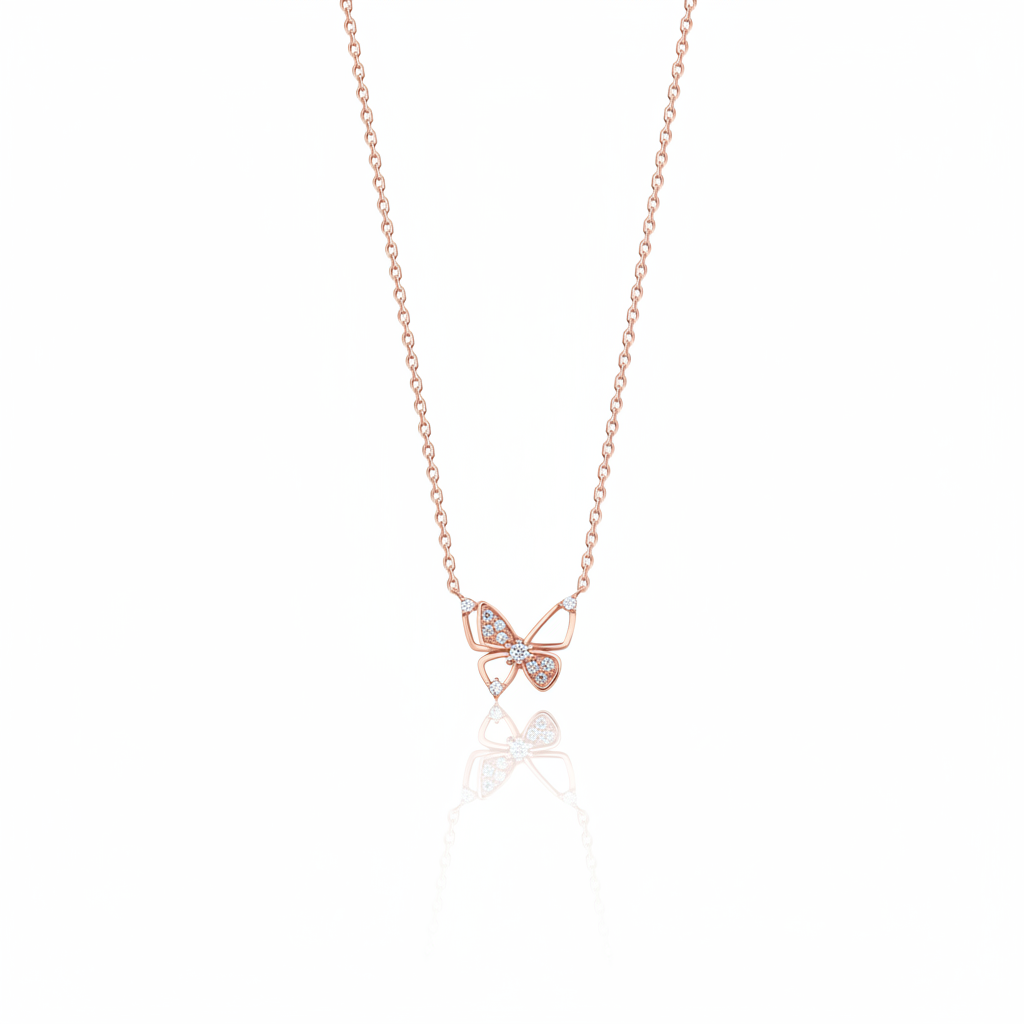 rose gold openwork butterfly pendant necklace on white background