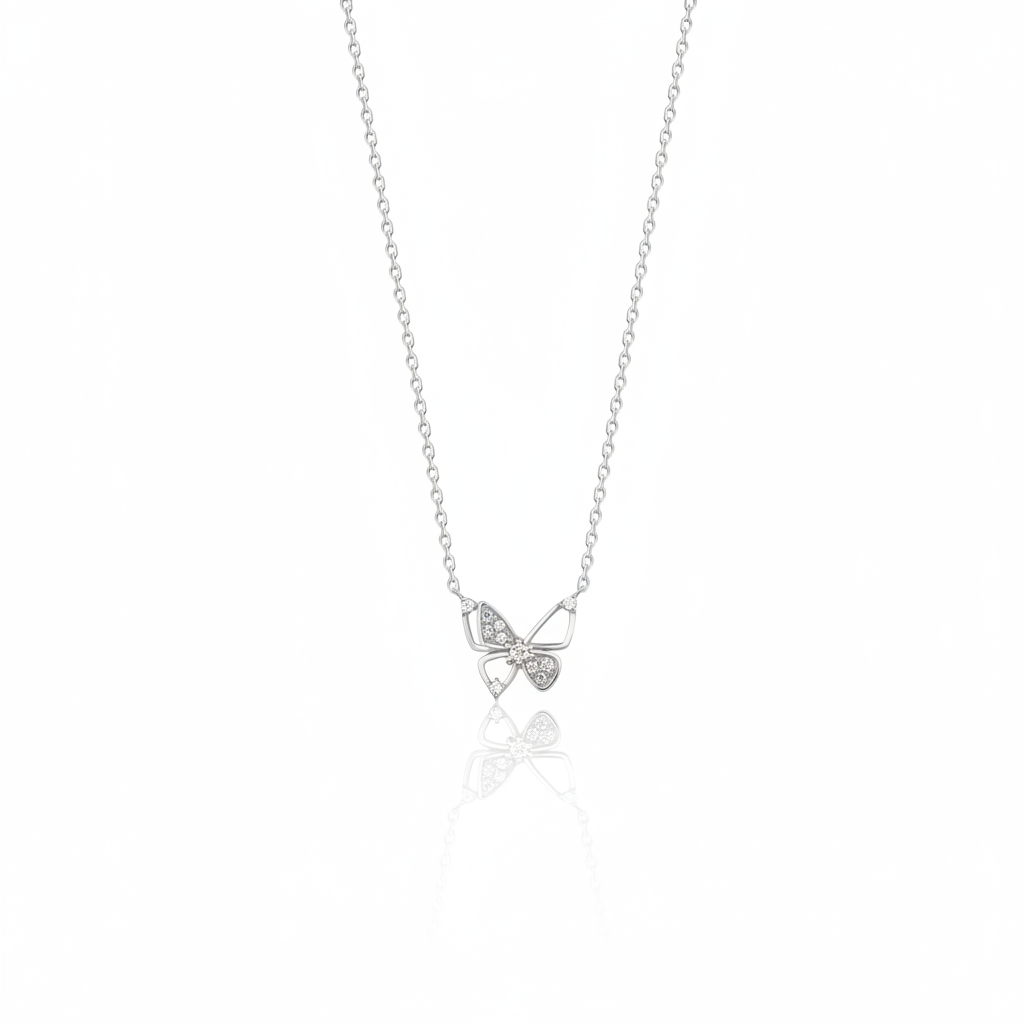 white gold openwork butterfly pendant necklace on white background