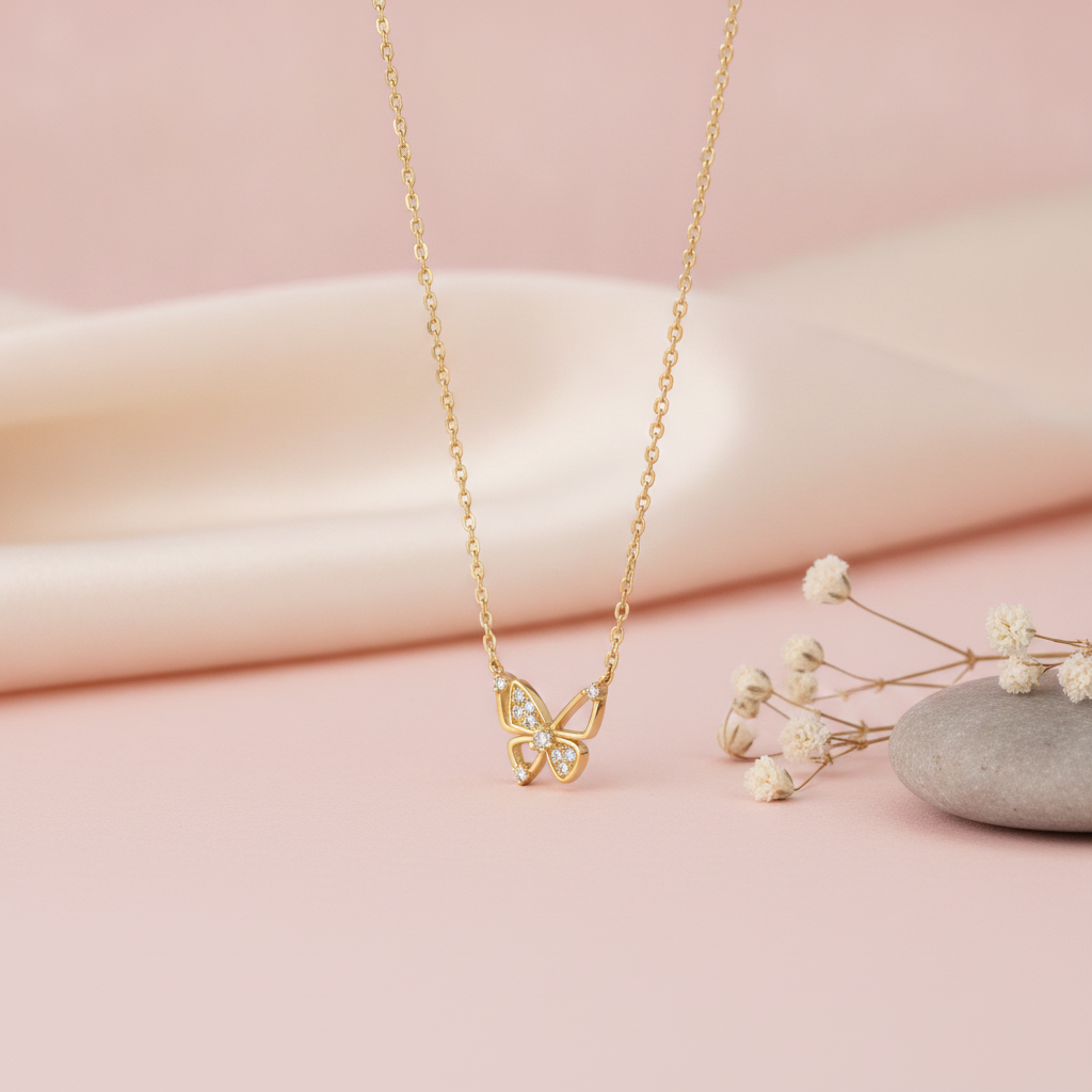 gold openwork butterfly pendant necklace with clear pave stones on pink satin with dried flowers and a smooth stone