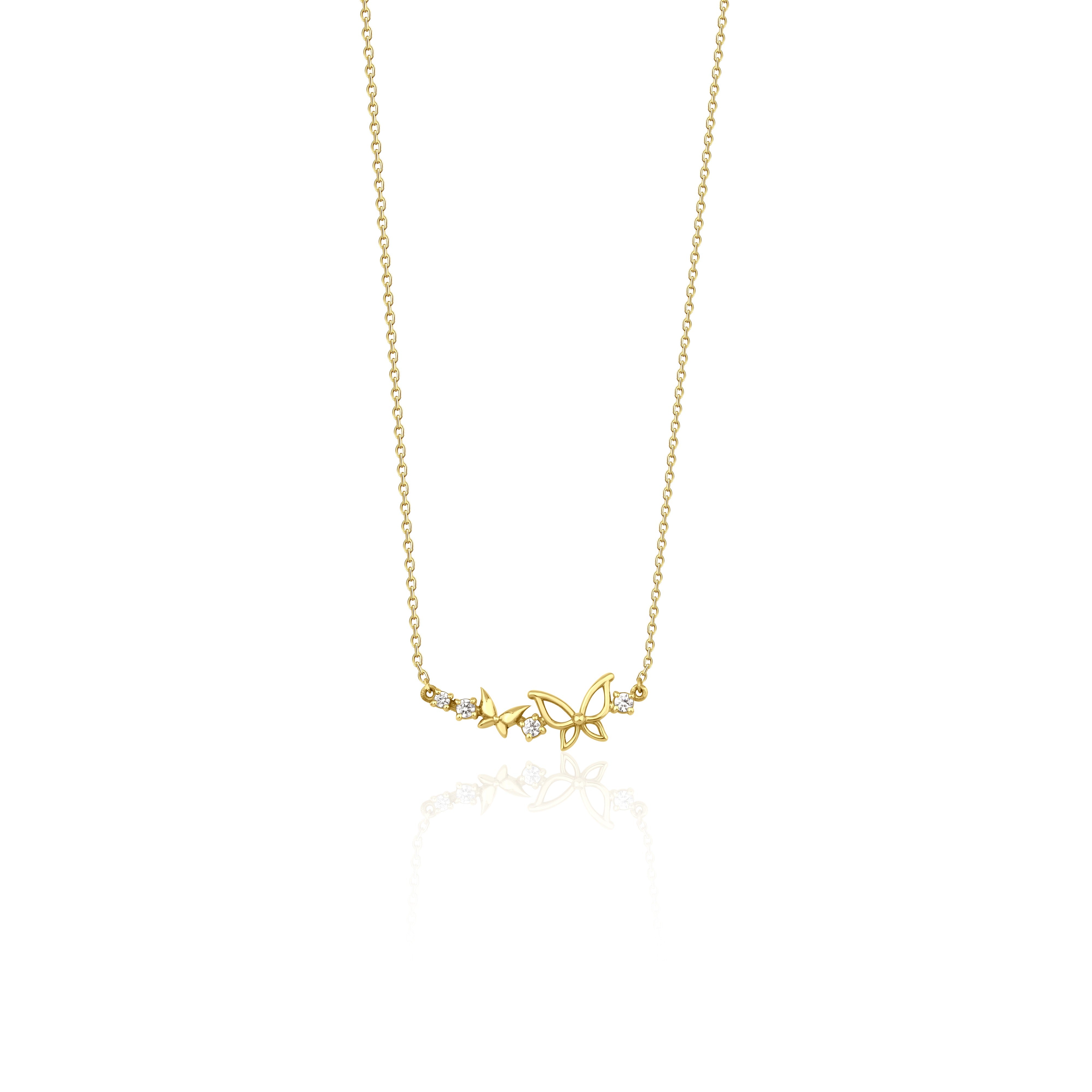 yellow gold butterfly duo necklace on white background